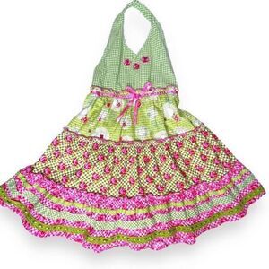 Blueberi Boulevard‎ Smocked Sun Dress Tiered Gingham Halter Neck Dress Size 5